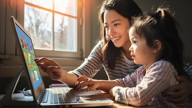 Woman with daughter using laptop computer