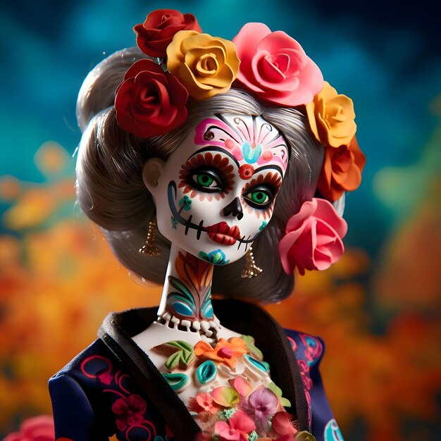 Woman with decorated painted face elegant party outfit roses flowers in hair blurred background For the day of the dead and Halloween