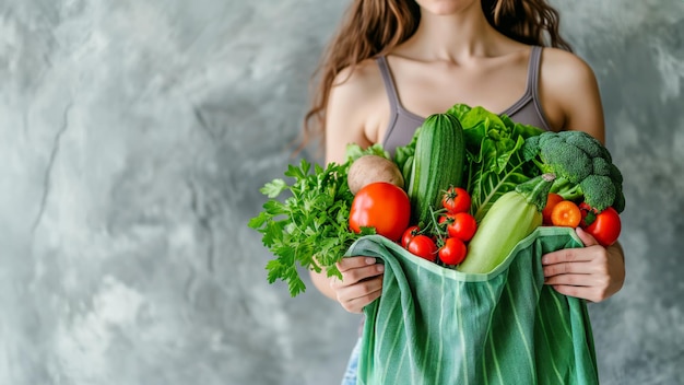Woman with deep neckline holds bag with vegetables on neck