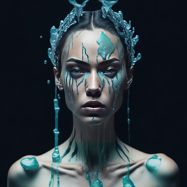 A woman with a digital painting of a body with water and a face that says'digital art '