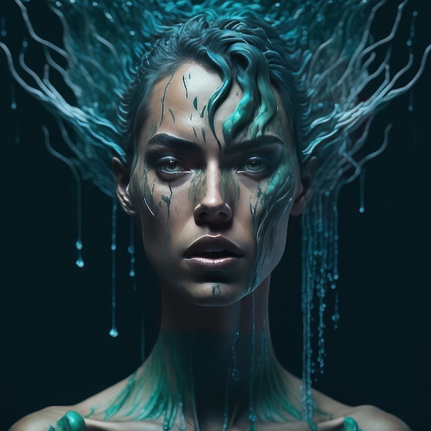 水のある体と「デジタルアート」と書かれた顔のデジタル絵画を持つ女性