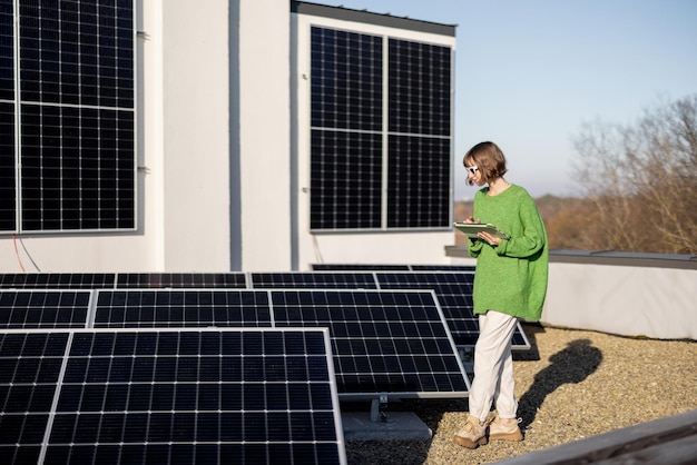 Woman with digital tablet on rooftop with solar plant