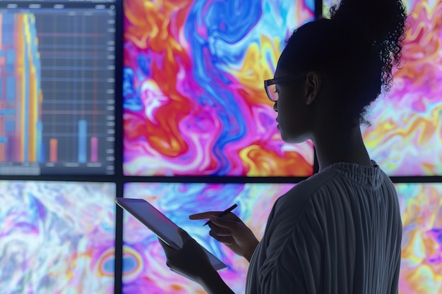 Photo woman with digital tablet silhouetted against vivid display screens with data and art