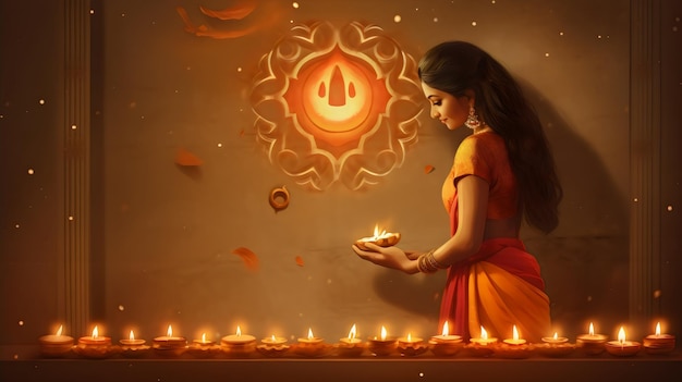 Photo woman with diya and welcoming hindu festival diwali and durga pooja