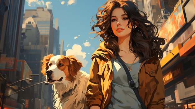 woman with dog in the city