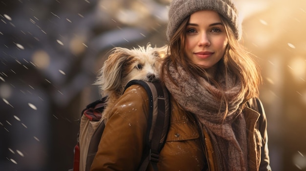 a woman with a dog on her back walking in the snow