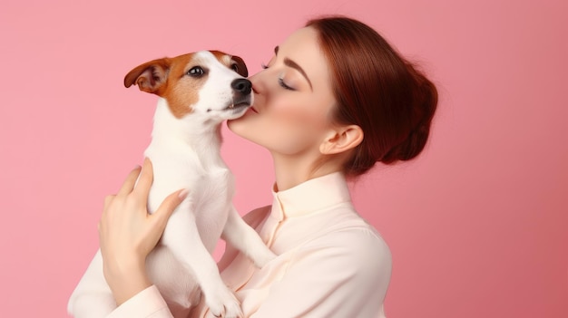 頭に犬を乗せてあごにキスをしている女性。