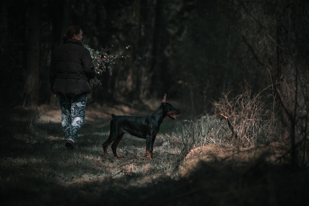 Photo woman with dog standing on field