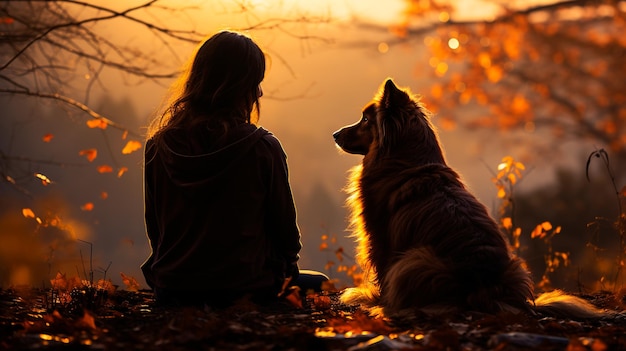 秋の森の夕暮れ時に犬を持つ女性