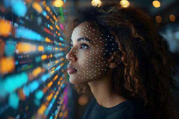 Woman With Dots on Her Face Looking at a Display