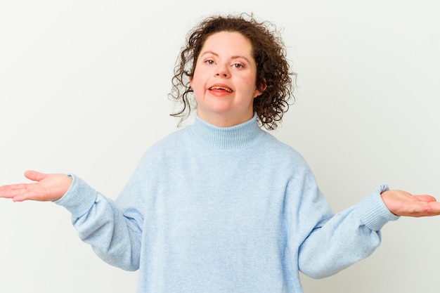 Woman with Down syndrome isolated showing a welcome expression.