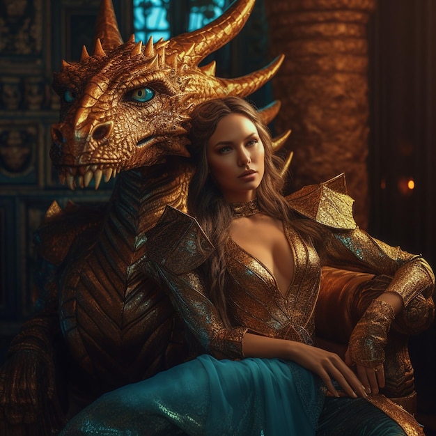 A woman with a dragon face and a dragon head