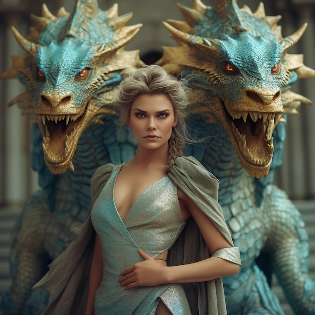 Photo a woman with a dragon face and a dragon head