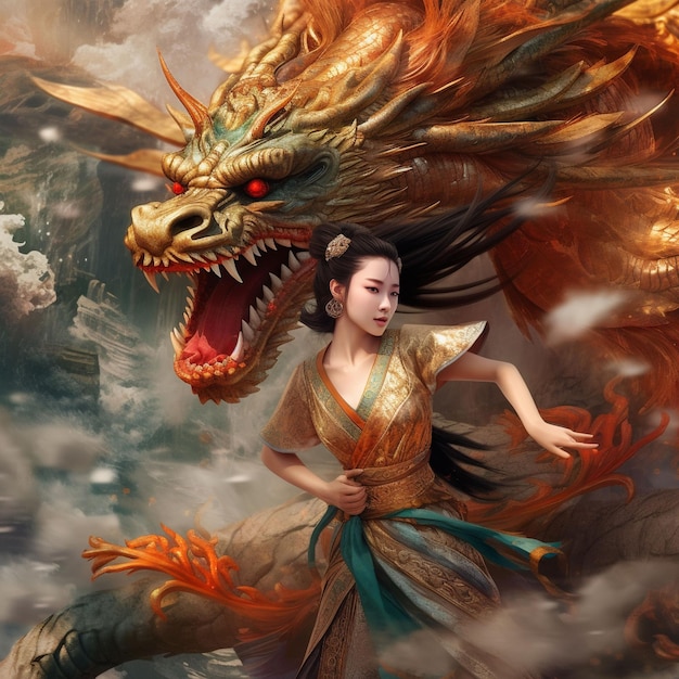 A woman with a dragon face and a dragon head