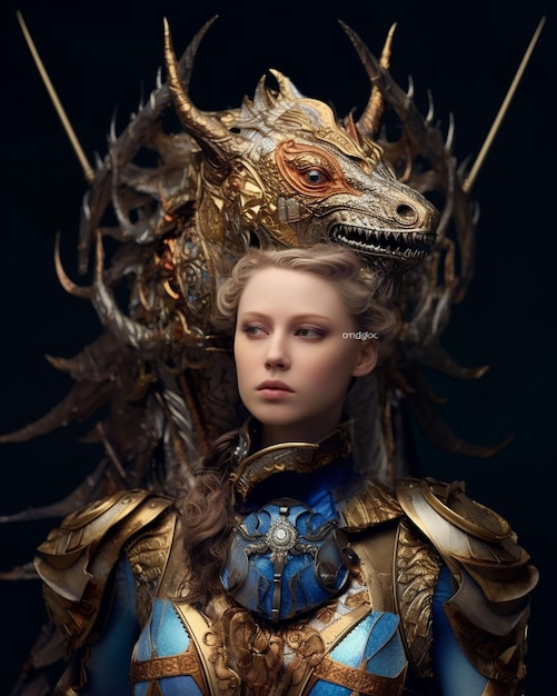 A woman with a dragon face and a dragon head