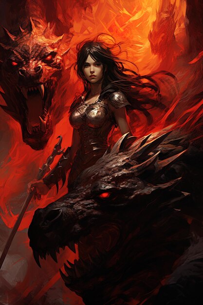 Женщина с драконом на спине держит меч и дракона в руке