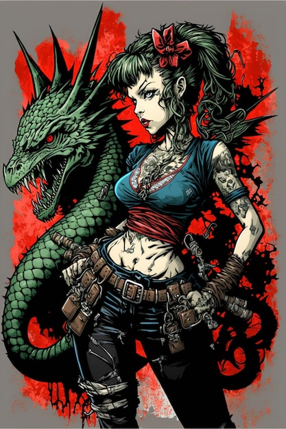 A woman with a dragon on her shirt is standing next to a dragon.