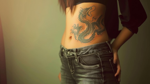 Woman with a dragon tattoo on her stomach Body art AI generative