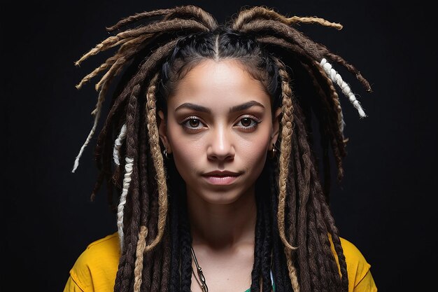 Foto una donna con dreadlock e dreadlocks è mostrata di fronte a uno sfondo nero