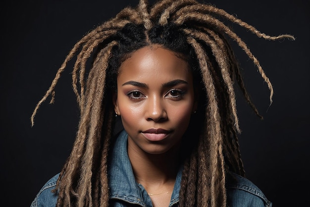 A woman with dreadlocks and dreadlocks is shown in front of a black background