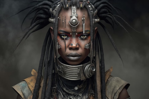 A woman with dreadlocks and dreadlocks with a silver belt and a black hair.