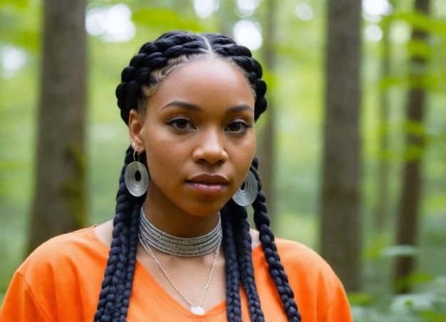 Photo a woman with dreadlocks and earrings stands in a forest