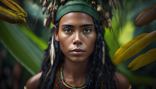 A woman with dreadlocks and a green headdress stands in front of a tropical plant.