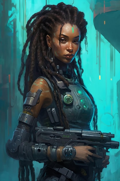 A woman with dreadlocks and a gun