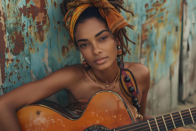 Photo a woman with dreadlocks holding a guitar in front of a rusty wall with a rusted door portrait