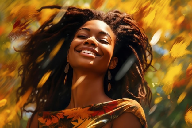 A woman with dreadlocks is smiling and has a yellow background.