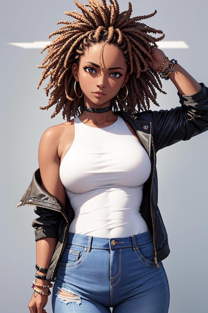 A woman with dreadlocks and a leather jacket