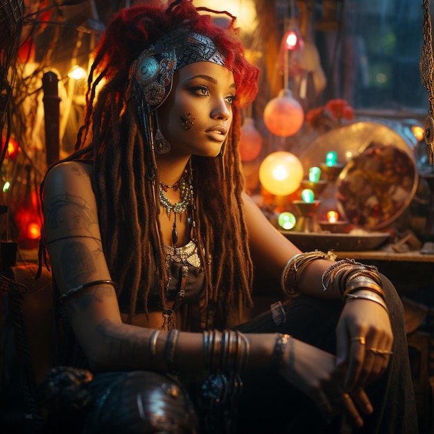 A woman with dreadlocks sits in front of a window with a lot of lights.