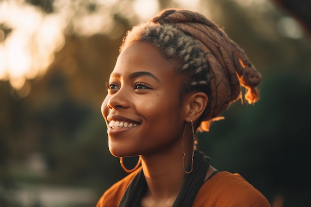 A woman with dreadlocks smiles at the camera.