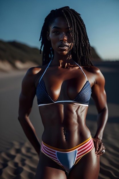 A woman with dreadlocks stands on the beach