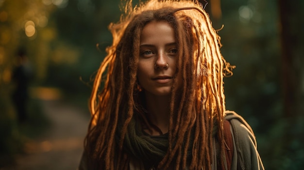 A woman with dreadlocks stands in a forest