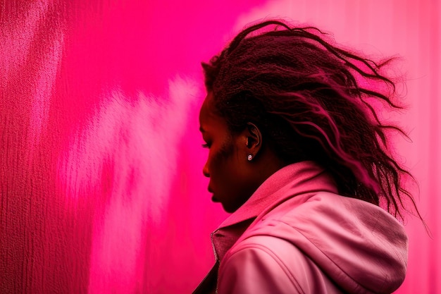 A woman with dreadlocks stands in front of a pink wall.