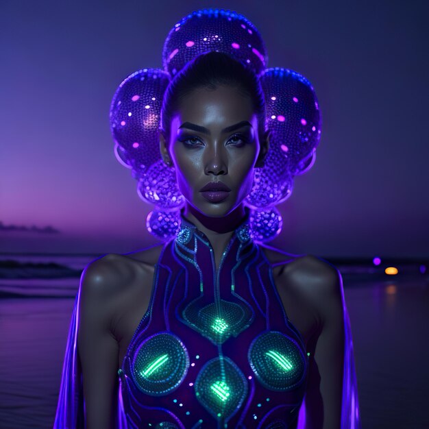 Photo woman with dress purple in the night beach in background