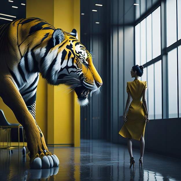 Foto donna con abito giallo con tigre surreale nello scenario