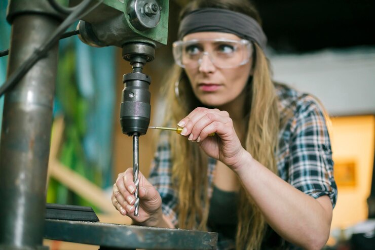 Photo woman with drill machine working in workshop