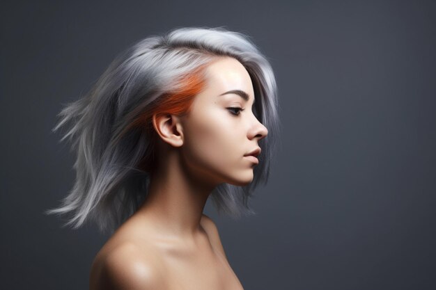 Woman with dyed hair on grey background