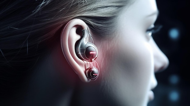 A woman with earbuds in her ear