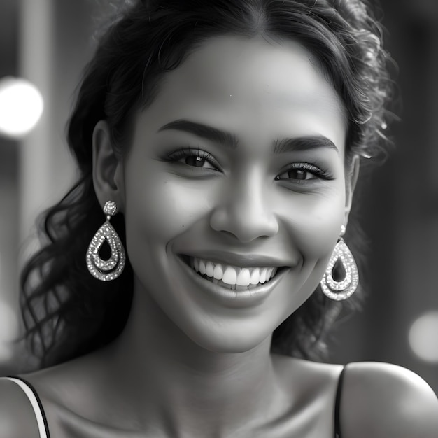 a woman with earrings on her head smiling