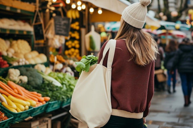 Photo woman with ecofriendly tote bag buying vegetables at a food stall