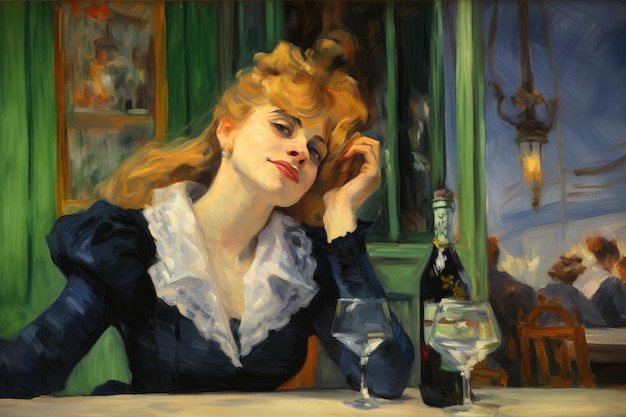 женщина с элегантной модой сидит одна и наслаждается вином