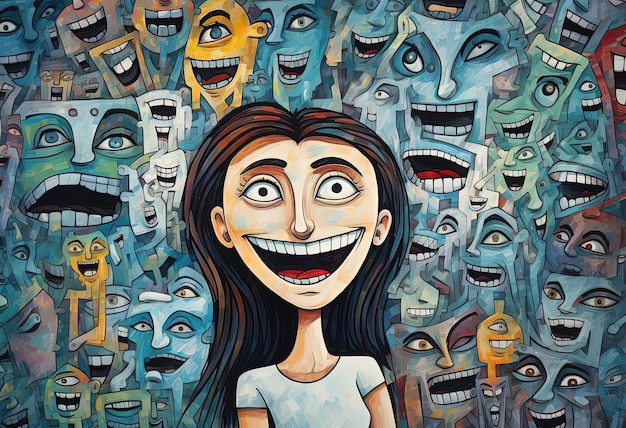 woman with emotion faces and a smile cartoon in the style of organized chaos