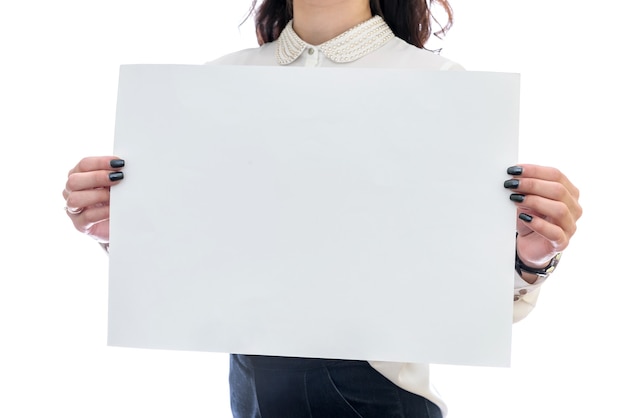 Woman with empty sheet of paper isolated