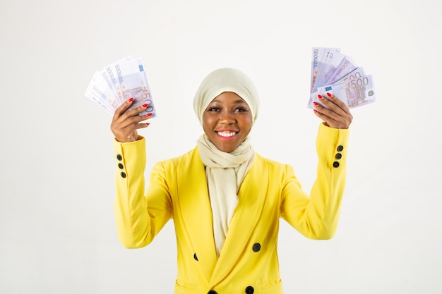 woman with euro bills in her hands