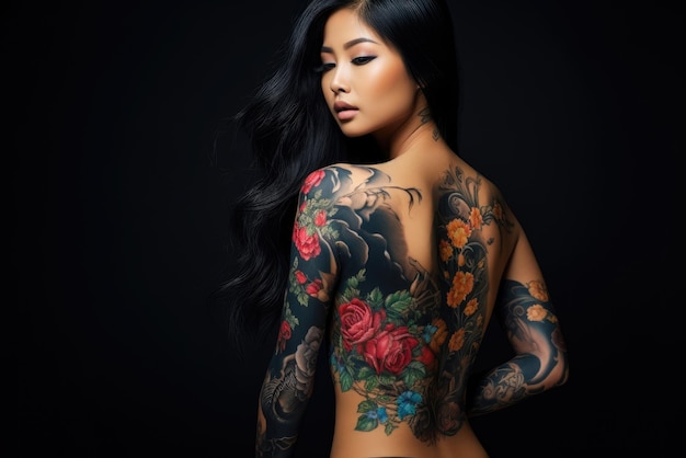 A woman with extensive floral tattoos on her arms and torso on dark background