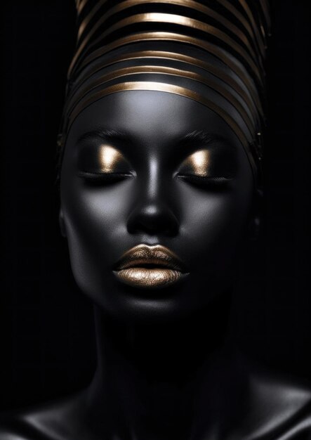 Фото Женщина с веками и ртом золотистого цвета на концептуальном черном фоне для рамы