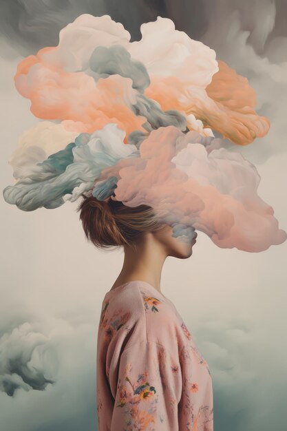 Woman with face covered by clouds on grey background created using generative ai technology